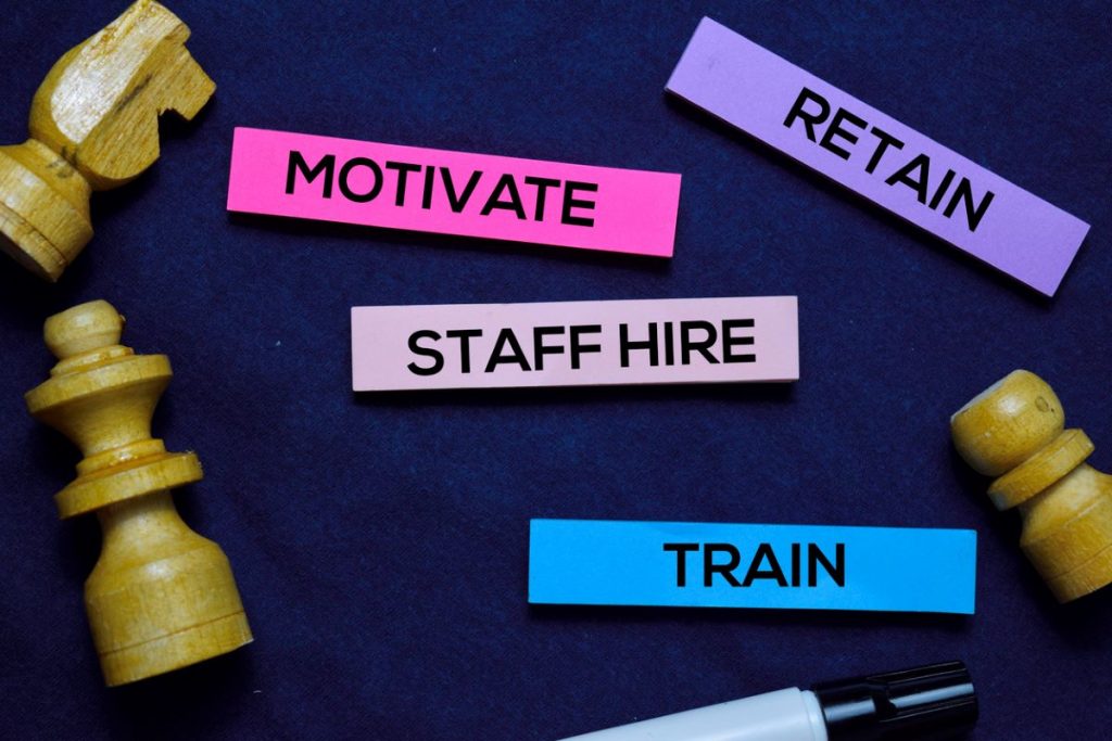Motivate. Staff Hire. Train words