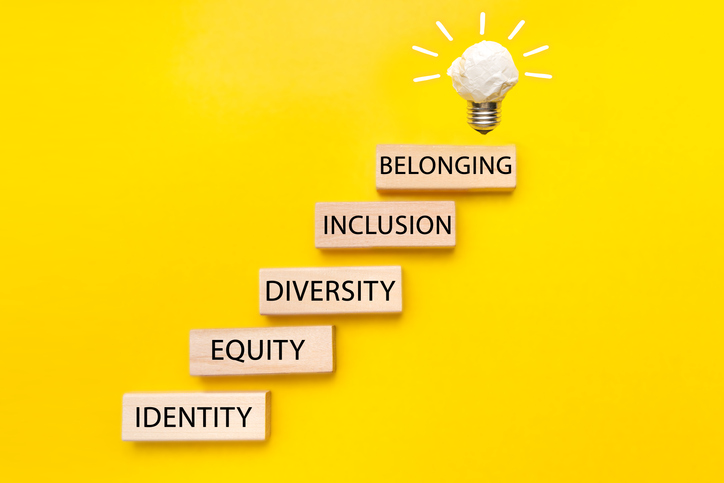 Equity, identity, diversity, inclusion, belonging symbol. Wooden blocks with words on beautiful yellow background. Inclusion, belonging concept.